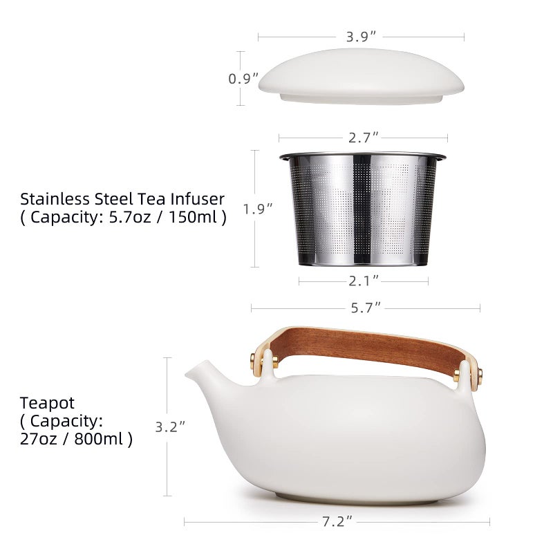 ZENS Teapot with Infuser, Ceramic Japanese 2cup Teapot for Loose Leaf Tea, 800ml Small Matte White Porcelain Tea Pot Gift with Modern Bentwood Handle - Image 3